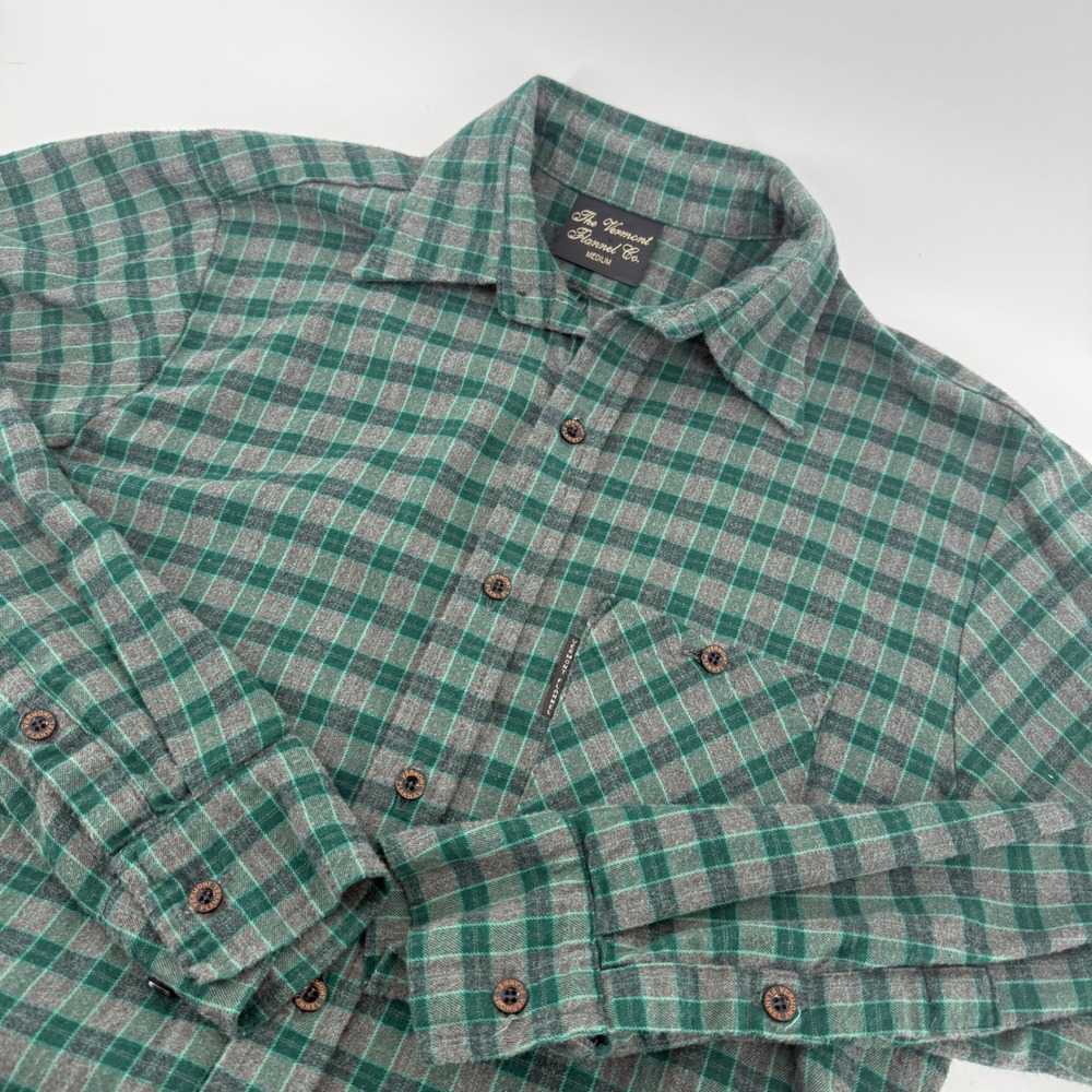 Vermont Flannel Co Mens Medium‎ Green Grey Plaid Button Down Flannel Shirt Heavy